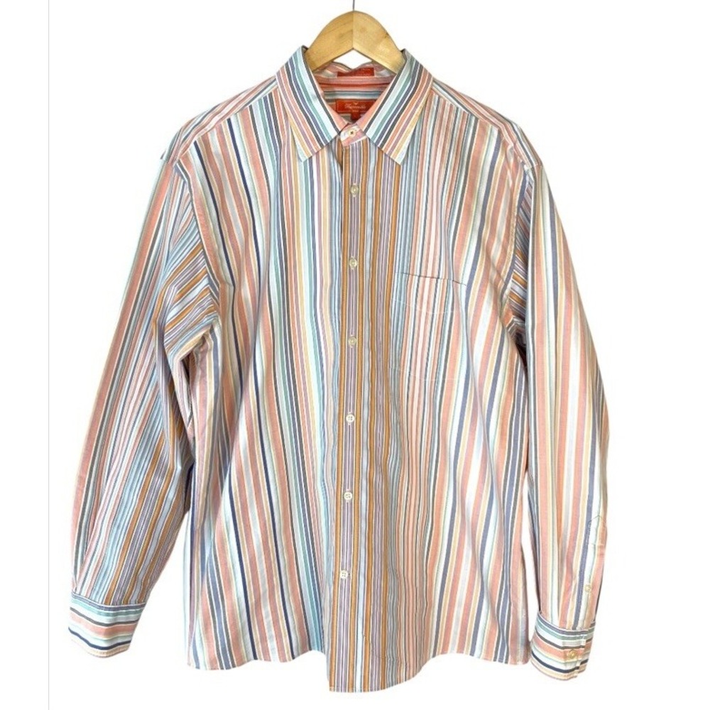Faconnable Shirt Mens Large L Pastel Striped Cotton Casual Long Sleeve